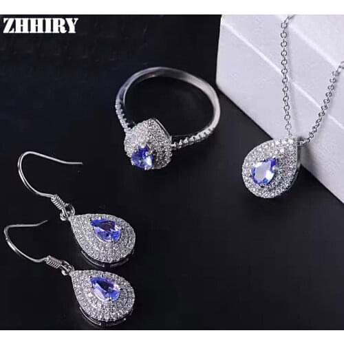 ZHHIRY Women Natural Tanzanite Jewelry Sets Gemstone Pendant Necklace Earrings Ring Genuine 925 Sterling Silver Fine Jewellery
