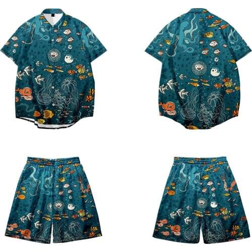 Marine Life Printed Summer Hawaiian Mens Sets Short Sleeve Shirt And Shorts Two Piece Suit Oversize 6XL