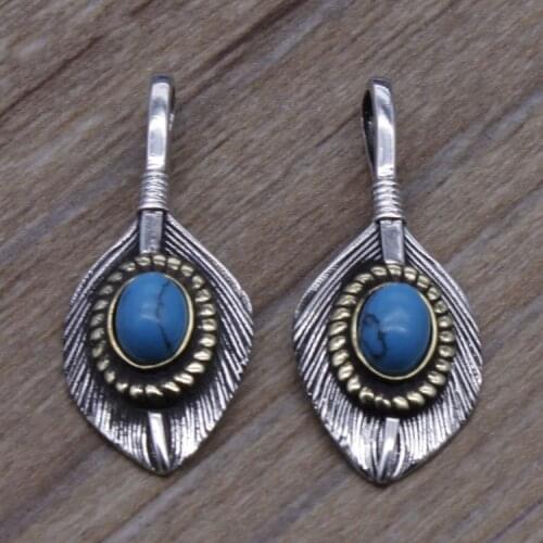 Handmade Jewelry Thai Silver Turquoise Feather S925 Sterling Silver Necklace Pendant Female Personalized Pendant