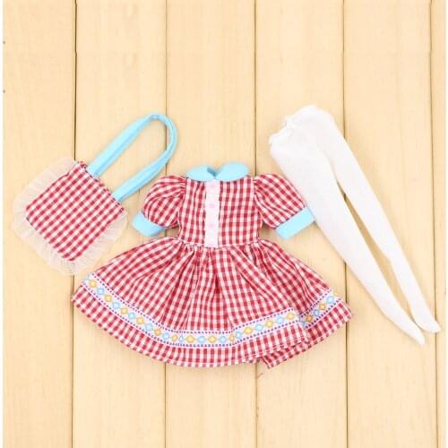 Outfits for Blyth doll Red Plaid dress with hand bag and leggings suit for 1/6 azone BJD icy dbs