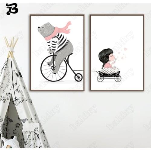 Canvas Painting Wall Art Cartoon Bear Riding A Bicycle and Baby Girl Posters and Prints Wall Pictures Kids Baby Room Home Decor