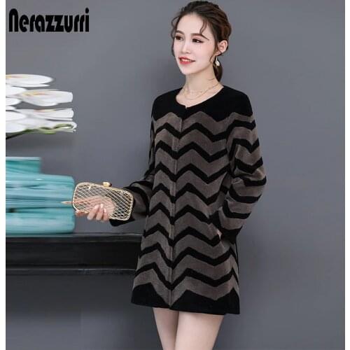 Nerazzurri Winter Warm Thick real sheepskin fur coats for women 2021 shearling lamb fur coat natural fur jacket Korean Fashion