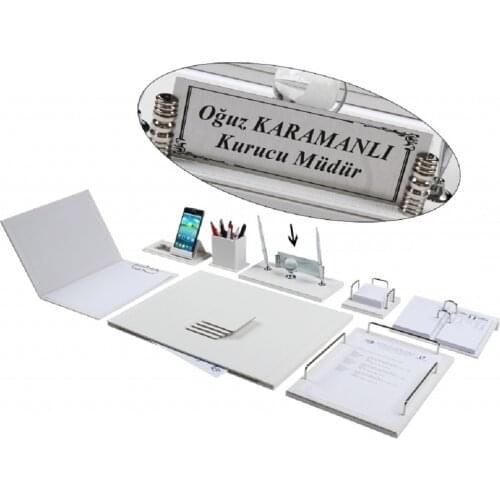 NEVA 12 Pieces Full Set Luxury White Leather Desk Set/Desk Pad Set with Name Plate Nameplate Tag Chief Organizer