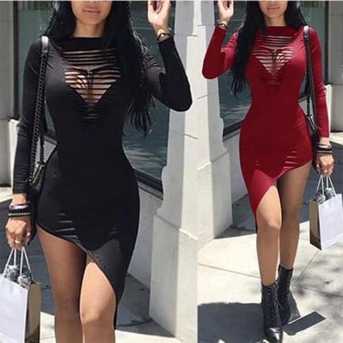Sexy Womens Bodycon O Neck Long Sleeve Hallow Out Party Evening Mini Short Irregular Pencil Dress Vestidos Dresses For Women