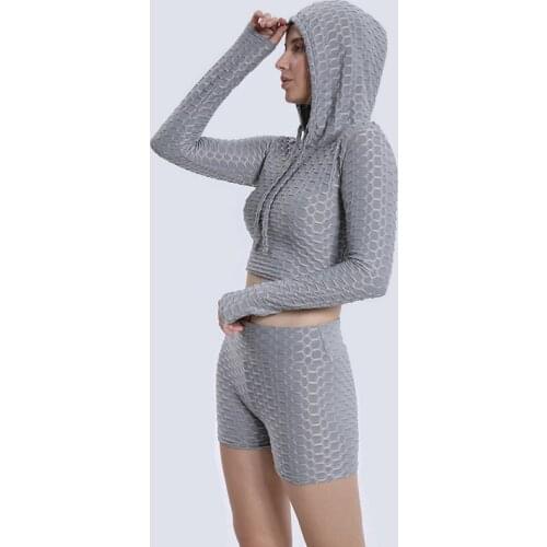 Hooded Cropped Top Bra Long Sleeves High Waist Leggings Womens Yoga Set Sports Suit Fitness Clothes Aerobic Training Clothing