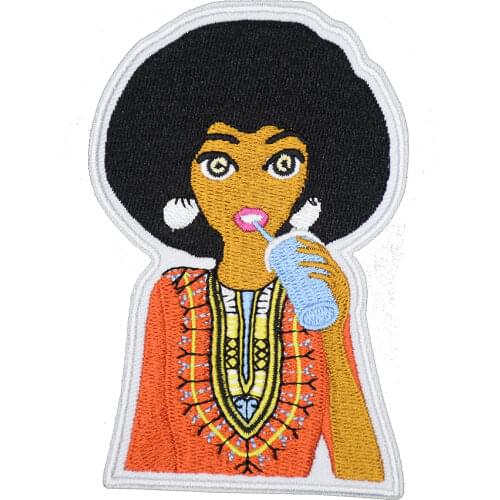 Minding My Business Embroidered Patches for Clothing Iron on Sewing Beautiful Black Woman Drinking Aqqliques Decoration