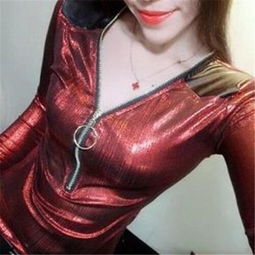 Women Casual Fashion T-shirt 2021 autumn glossy Long Sleeve Zipper V Neck Tight bottoming Shirt mujer