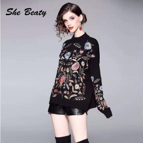 She Beaty Knitted Embroidery Flowers Sweater Pullover Women O-Neck Long Sleeve Loose Vintage Jumper High Street Designer Za Tops