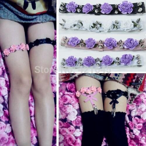 Women Sexy Harajuku Sexy Punk Leather Leg Ring Elastic belt beauty Flower stud Rivet bullet Goth Hot Rock Free Shipping