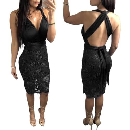 Women Halter 2019 summer dress Deep V-neck Sexy Party Dresses Plus size Black Backless