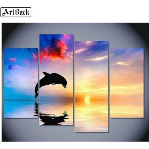 1 set of 4pcs diamond painting dolphins sunset scenery full square diamond embroidery 3d round drill wall sticker