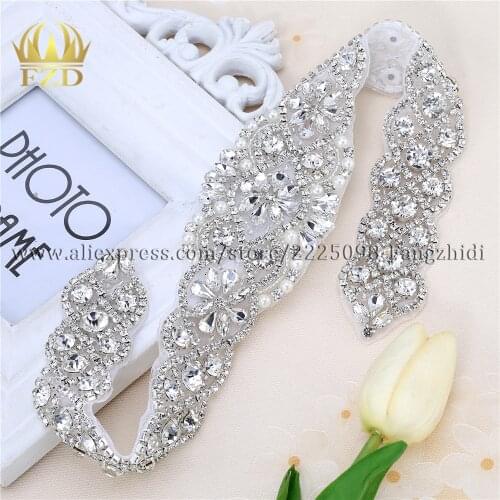 1piece) Handmade Bling Sew On Hot Fix Beaded Crystal Silver Rhinestone Applique for Bridal Wedding Dress Belt Headbands Garter