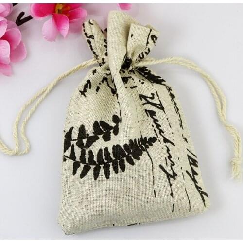 10*14cm 100pcs Leaves Pattern Cotton Bags Cute Candy Gift bag Drawable Pouch Favor Charms Bracelet Jewelry Packaging Bags