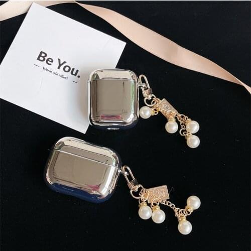 Fundas For Apple AirPods 1 2 Pro Case Cute Pearl Pendant keyring headphone case For Air pods 3 Pro Soft Plating Earphone Cover