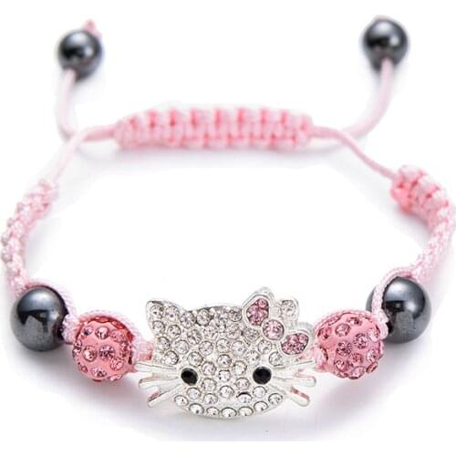 Handmade Cute Children Cat Bracelet for Kids Girls Boys Crystal Beads Connected Braid Charm Bracelets Jewelry