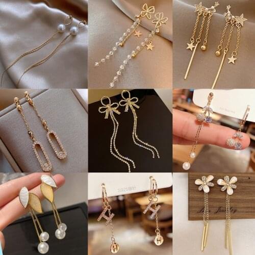Korean Long Tassel Earrings Female 2021 New Trendy Temperament Crystal Pearl Flower Star Drop Earrings Simple Jewelry Accessorie