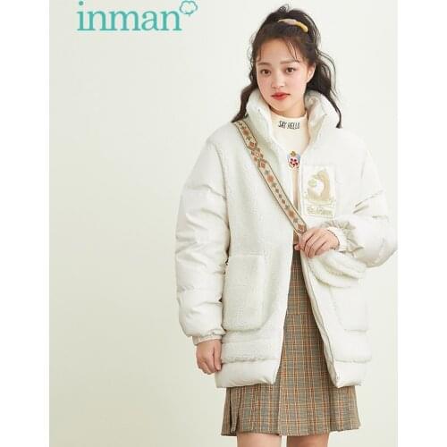 INMAN Winter Down Jacket Women Retro Stylish Fluff Splicing Stand Collar Loose Warm Casual Sweet White Coat