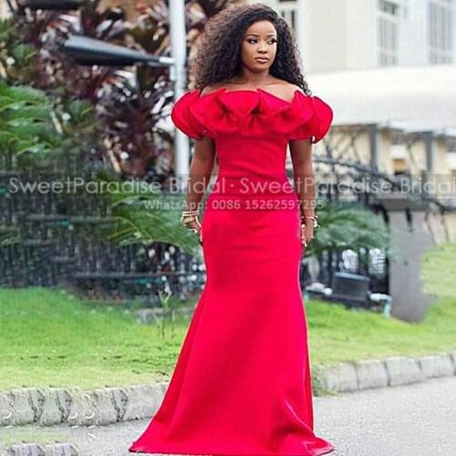 Red Mermaid Bridesmaid Dresses With Ruffles Off Shoulder 2021 Long Black Africcan Women Wedding Party Dress Formal