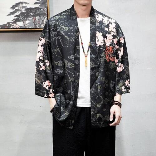 Summer Jackets Men 2019 Thin Open Stitch Print Japan Style V-Neck Hip Hop Jacket Streetwear Men