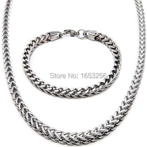 Lot of 5sets 24''+8.66'' 6mm stainless steel figaro Chain Link necklace and bracelet Men Women Hip-Hop Jewelry set