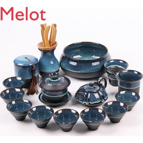 Oil Drip Kung Fu Tea Set Kiln Baked Blind Dagger Blue Amber Whole Set Tea Set Yixing Clay Gaiwan Bucket Cup Temmoku Cup