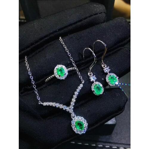 Fashion Sun flower Natural green emerald gem jewelry sets natural gemstone ring Pendant Earrings 925 silver women gift jewelry