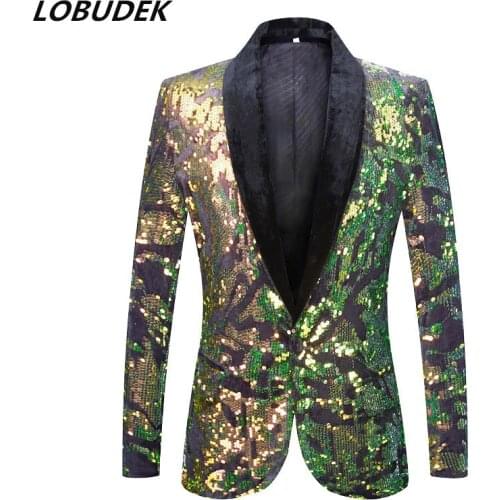 Mens Stylish Green Gold Sequins Velvet Blazer Stage Singer Shiny Pailette Slim Fit Suit Jackets Party Host Autumn Winter Coat