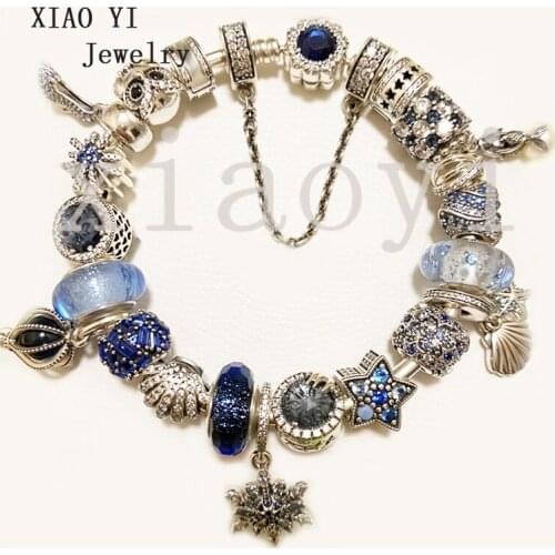 XIAOYI 2020 New 100% S925 Blue balloon shell snowflake star starfish love high heels hollow out glazed bracelet gentle female