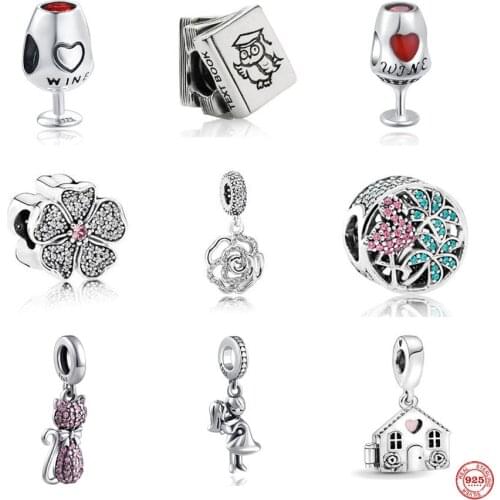 New Red Wine Cup Flower Sweet House Cat DIY fine beads Fit Original Pandora Charms Silver 925 Sterling Bracelet Jewelry F093