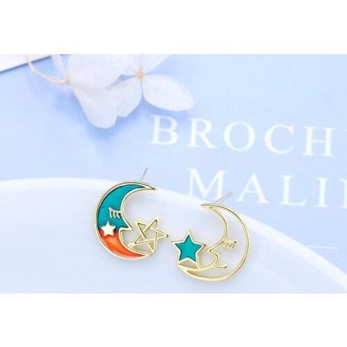 New Cute Asymmetry Moon Star Earrings For Women Jewelry 925 Sterling Silver Earring Fashion Girl Party Accessories KOFSAC