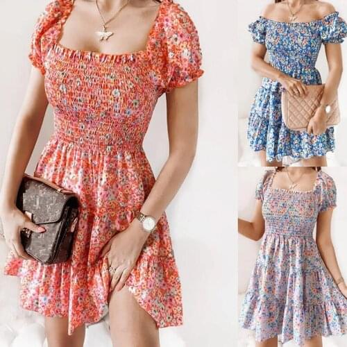 New Mini Dress Summer Beach fashion Dress Women Short Puff Square collar Folds Flower Print Ruched Sexy Vacation Party Sundress