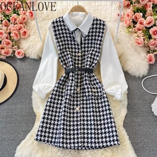 OCEANLOVE V Neck Woolen Robe Femme Office Lady Autumn Two Pieces Elegant Vestidos Buttons Ins Korean Fashion Women Dresses