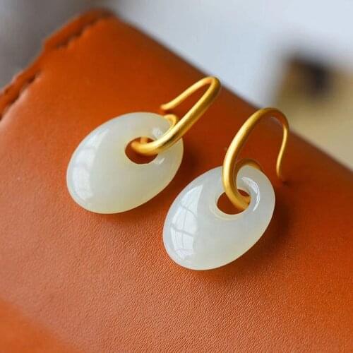 Original natural and Baitian jade oval hollow Earrings Chinese style retro creative elegant womens Christmas gift