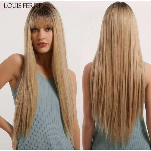 LOUIS FERRE Ombre Black Brown Golden Synthetic Wigs with Bangs Long Silk Straight Cosplay Wig For Woman Heat Resistant Fibre