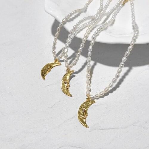 Origin Summer Natural Freshwater Pearls Chain Crescent Moon Pendant Necklace for Women Chic Gold Bohemian Chokers Necklaces
