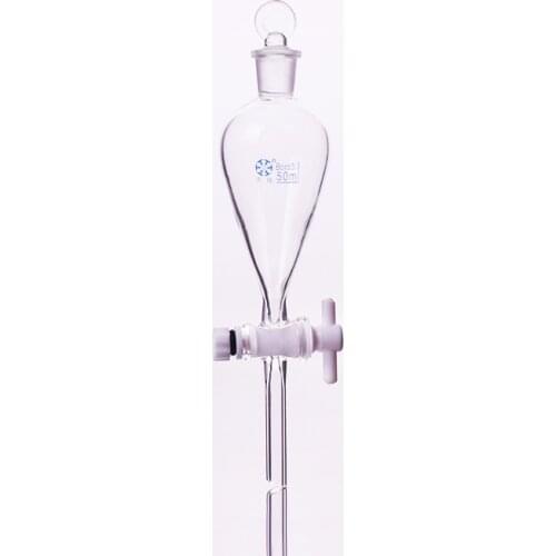 Separatory funnel pear shape,with ground-in glass stopper and stopcock.Capacity 50ml,PTFE switch valve