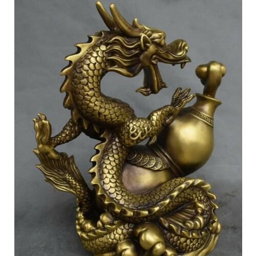 12" Rare Pure Bronze Fengshui Dragon Dragons Loong Animal Gourd Cucurbit Statue