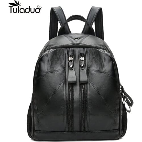 Genuine Leather Black Backpack Luxury Brand Designed Casual Solid Sheep Skin Schoolbags High Quality Patchwork Large Daypacks