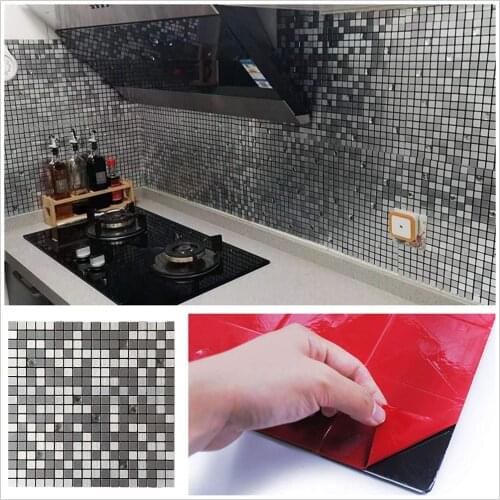 Self Adhesive Metal Backsplash Tile Sticker Aluminum Peel and Stick Wall stickers for Kitchen Bathroom Mosaic Subway Decoration