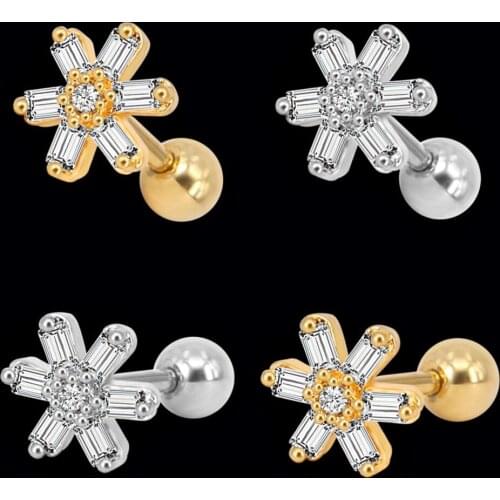 Starose 2pcs 1.2x6mm Rod Crystal Flower Earring Women Helix Piercing Tragus Snowflake Cartilage Lobe Earrings Ear Studs Jewelry