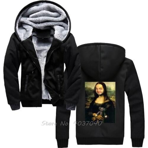 Men Anime Mr Bean Funny Mona Lisa Gioconda Hoodies Harajuku Men Winter Thick Warm Zipper Sportwear Sweatshirts