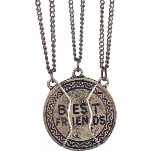 Children Best Friends Vintage Bronze Round Pendant BFF 3 Necklace Friendship Jewelry Gifts For Kids 10 Set