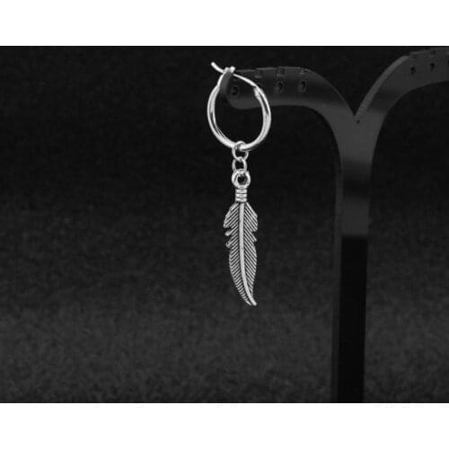 Titanium Steel Vintage Feather Leaves Pendant Drop Hoop Earrings Korean Jewelry