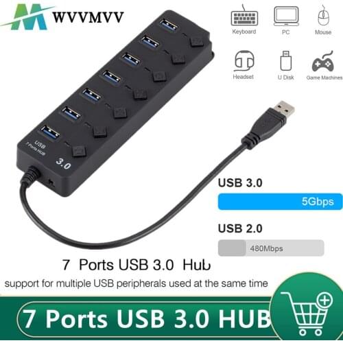 7 Ports USB 3.0 Hub High Speed Adapter USB Hub 3.0 On/Off Switch with Power Adapter for Computer Laptop PC USB 3.0 HUB