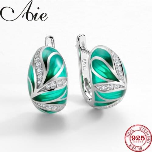 Womens earrings for women 925 Sterling Silver Stud Earring Green Handmade Enamel Bamboo leaves with Cubic Zirconia Fine Jewelry