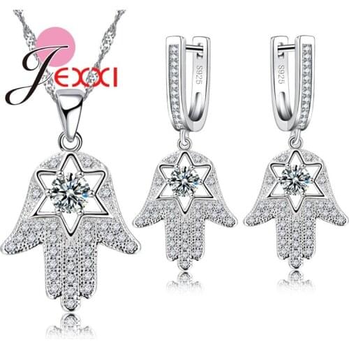 Lose Money New Women Lady Jewelry Sets 925 Sterling Silver Cubic Palm Shaped Shiny Crystal Pendant Necklace Earrings