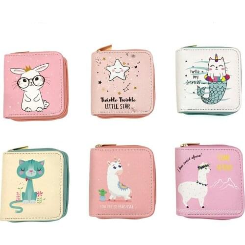 Womens Wallet Cartoon Animal Cat Rabbit Star Alpaca Pattern Zip Short Leather Wallet Fashion Bank Card Bag Students Coin Purse