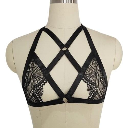 Womens Black Lace Body Harness Straps Lingerie Goth Fetish Harajuku Bondage Erotic Full Pole Dance Halloween Tops Harness bra