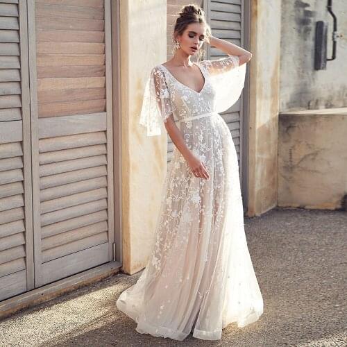 Women Dress Sexy White Lace Backless V-neck Dress Summer Ruffle Sleeve High Waist Party Swing Maxi Dress Evening Women Clothing