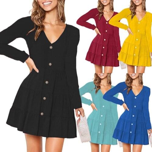 2021 fashion European and American autumn and winter new button pleated dress V-neck long-sleeved A-line skirt womens clothing